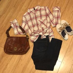 White house black market pink plaid button…